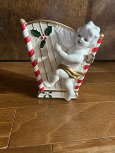 Inarco Angel Cherub Harp Planter  Xmas Holly Berry Stripe Trim Japan E 762 Vtg