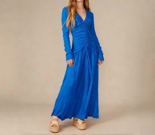 NWT Farm Rio V Neckline Ruched Blue Maxi Dress Long Sleeves Size M