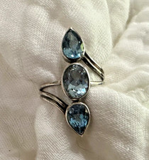Long Vintage Sterling Silver Teardrop Oval Blue Topaz Ring Sz 5.75