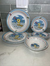 Vtg Warner Brothers Looney Tunes Tweety Bird Gibson Plates And Bowl Set Of 7