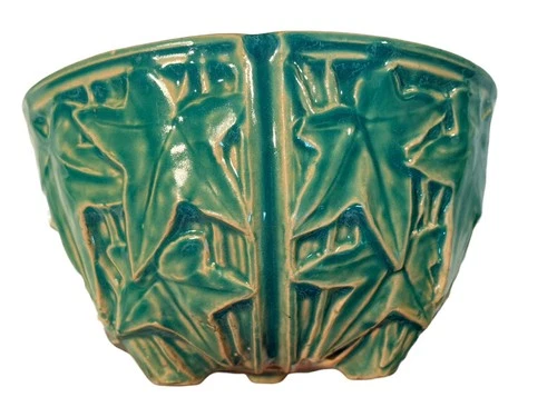 Vintage McCoy Pottery Teal Ivy Hanging Jardiniere Planter 1940s 1950s Blue Green