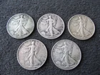 Lot of 5 Liberty Walking Silver Half Dollars