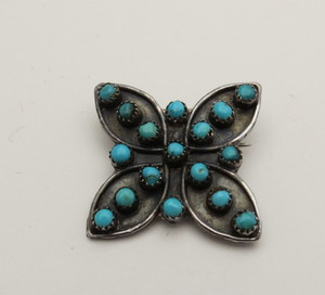 1970s Zuni petite point turquoise cluster sterling silver butterfly pin