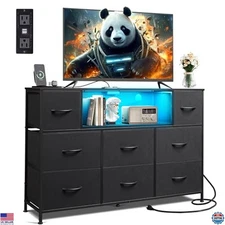 Black Dresser with Charging Station & LED Lights, 8 Drawer TV Stand for 50" TV