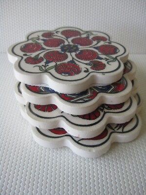 Four Traditional Iznik Turkish Coasters Ceramic Art Scalloped Floral Geometric