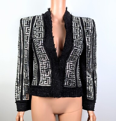 Women's Black Crystal Embellished Petunias of Naples Boucle Jacket size L