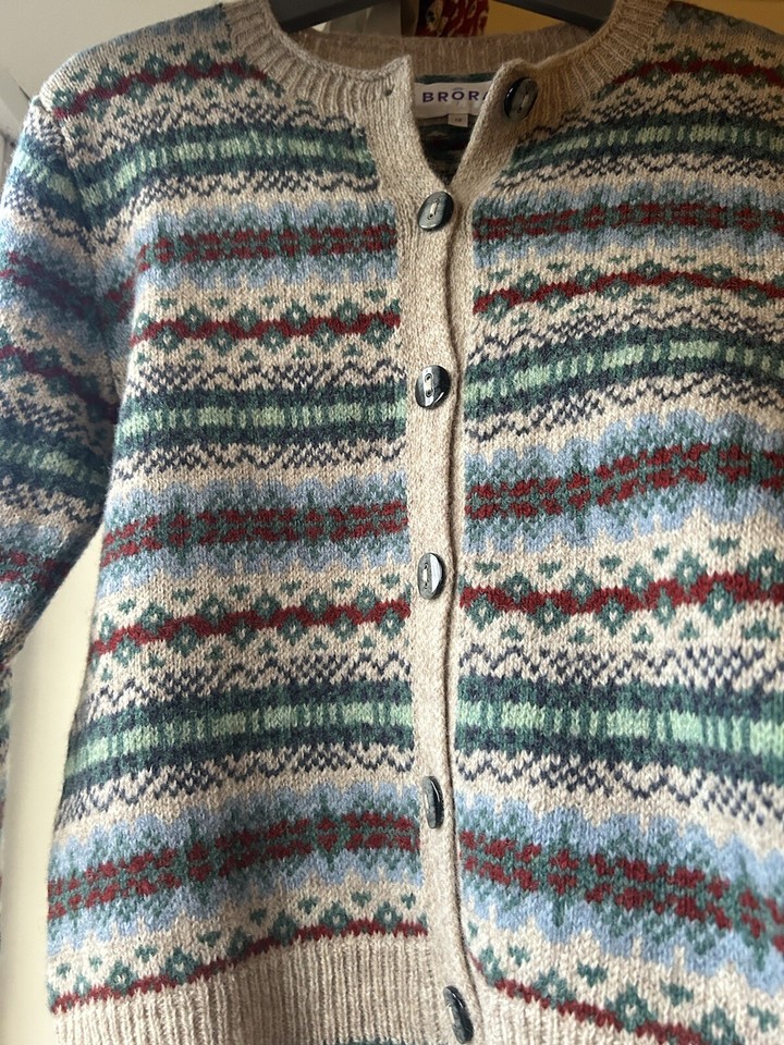 NEW BRORA FAIR ISLE STYLE WOOL CARDIGAN UK12 BLUE GREEN RED BEIGE eBay