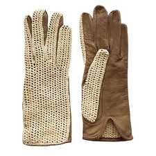 VTG Womens Crochet Knit Leather Gloves Tan Brown RN 15099 Made in France XS/S