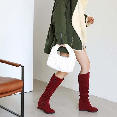 Womens Hidden Wedge Heel Round Toe Shoes Buckle Faux Suede Mid Calf Slouch Boots - Picture 39 of 41