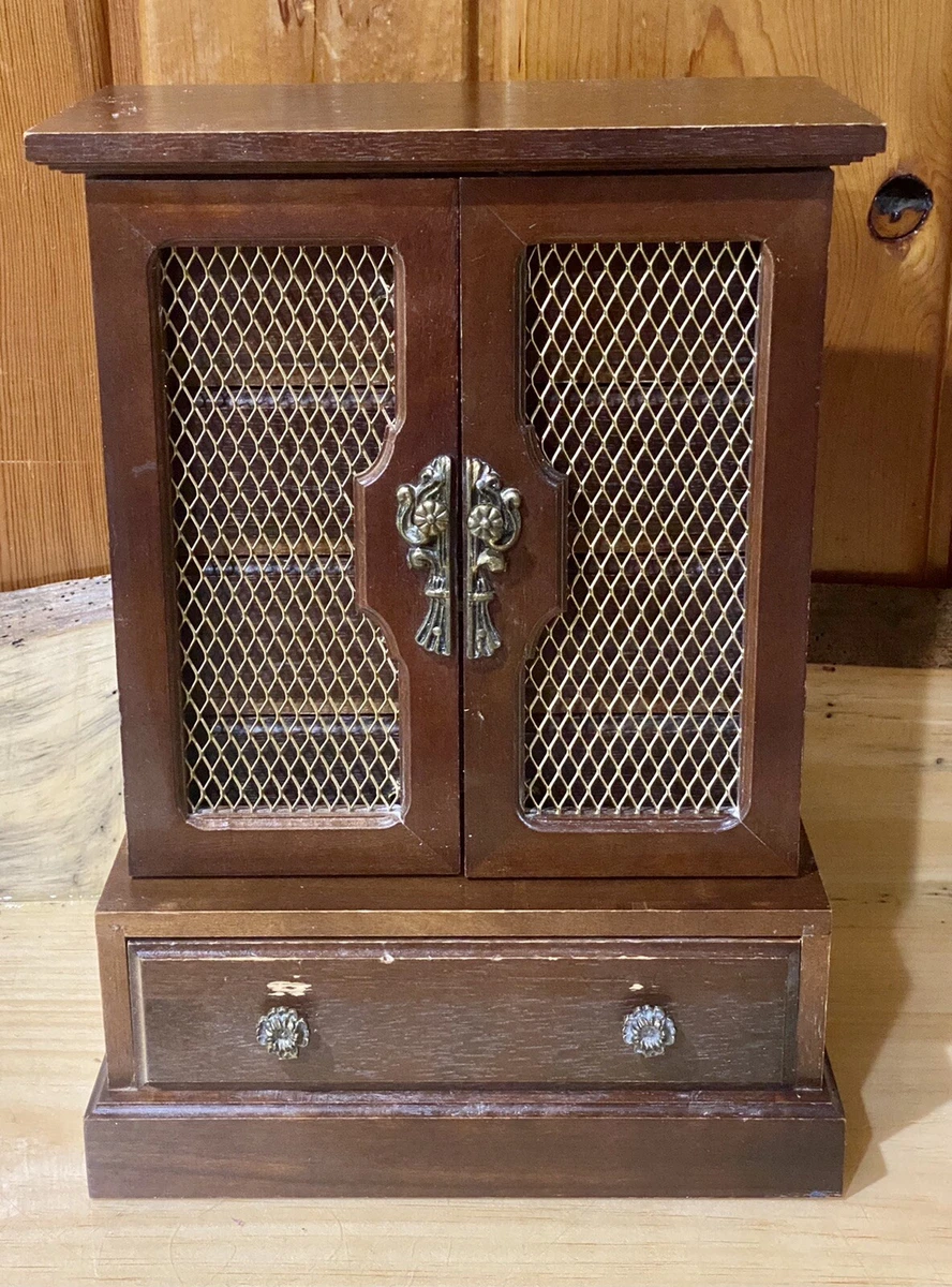 Vintage Mid Century Boho Wood Jewelry Box With Mesh Screen Doors Ornate Hardware