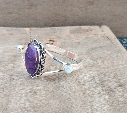 Purple Copper Turquoise & Aquamarine Gemstone Bangle 925 Sterling Silver Bangle - Picture 2 of 6