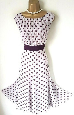 Neu Jacques Vert Kleid 12 14 16 18 22 Chiffon Pflaume gepunktet gepunktet Fi Flare