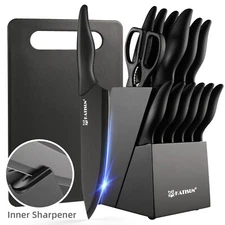 15+1 Pieces Black Coding Kitchen Knife Block Set with Cutting Board