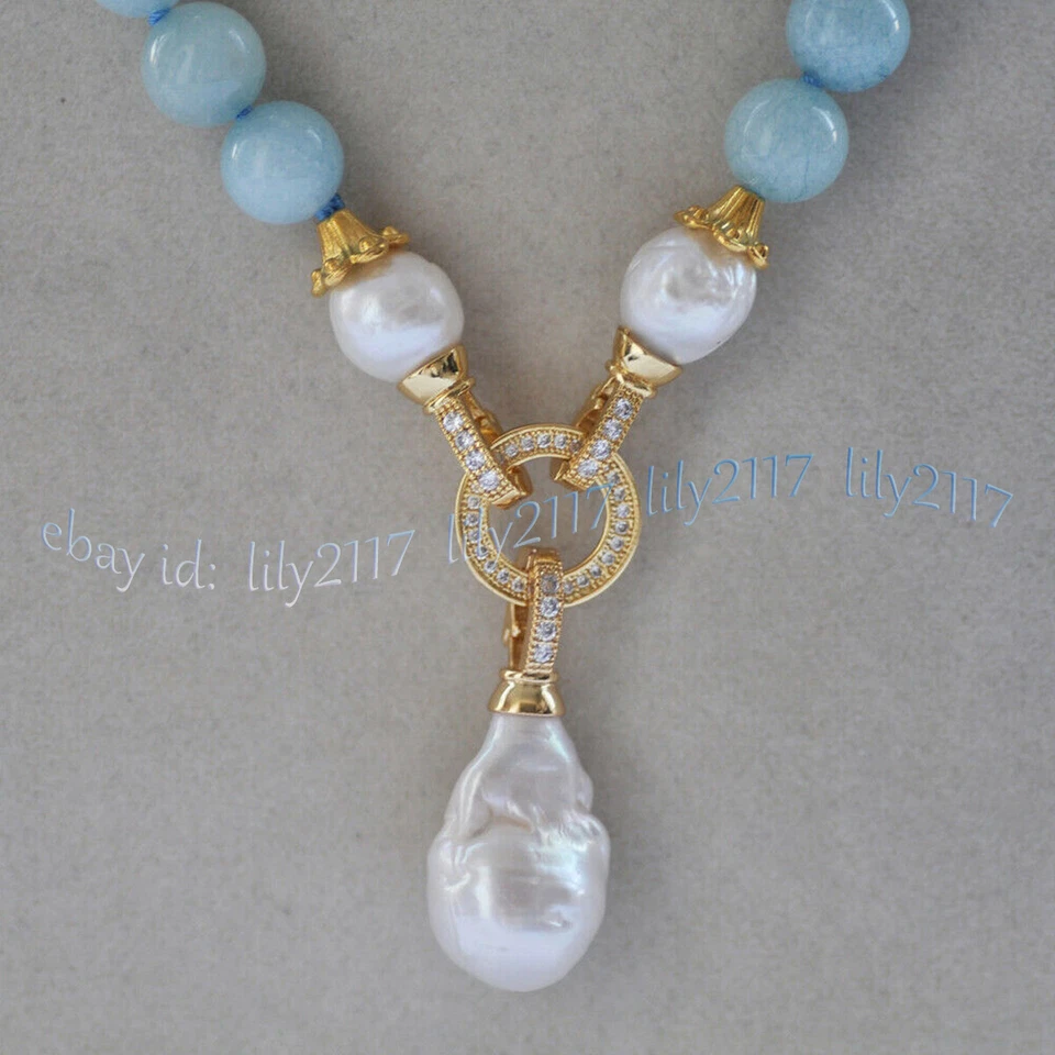 Natural Blue Aquamarine Gems Beaded White Keshi Baroque Pearl Pendant Necklace - Image 4 of 4