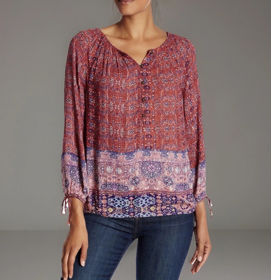 Blusa para mujer LUCKY BRAND grande tapiz rosa y rojo Henley campesino boho top Foto 2 de 4