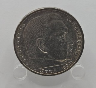 1936 A Germany 5 Five Mark .900 SILVER World Coin WWII Hindenburg 1847 1934
