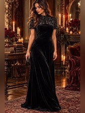 DW3 David Warren Black Velvet Maxi Dress 10 Romantic Goth Floral Holiday Formal