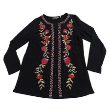 Soft Surroundings Womens Black Embroidered Button Tunic Top Long Sleeve Size S