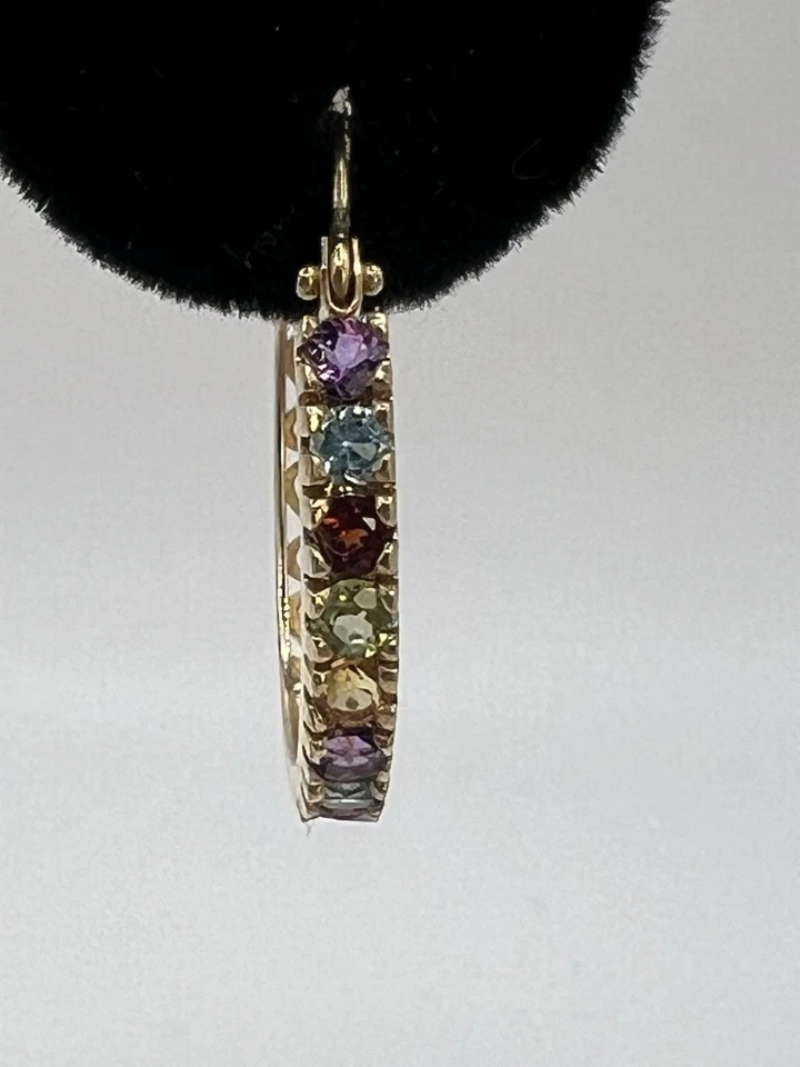 14K 金墨西哥多宝石环状耳环紫水晶石榴石橄榄黄水晶 3.7 克 — 第 2/4 张图片