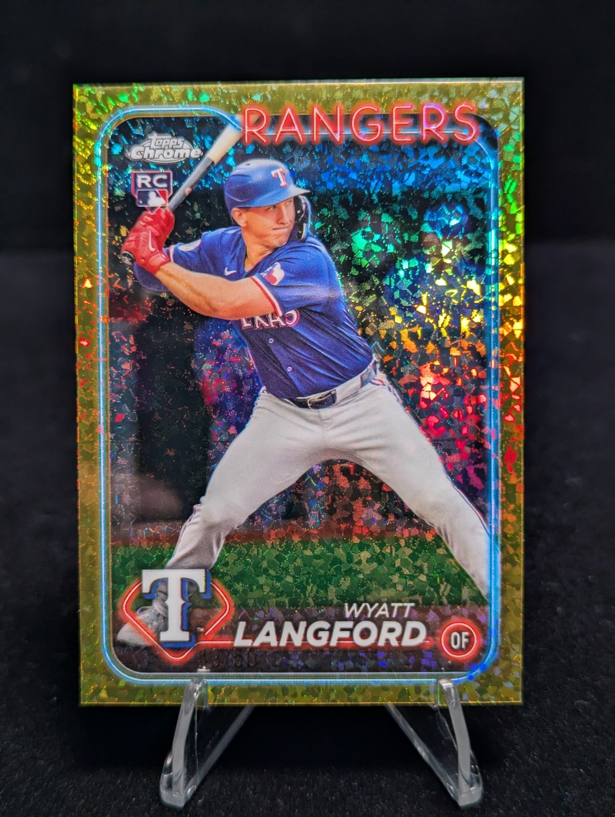 Wyatt Langford 2024 Topps Chrome Update Gold Mini Diamond /50 RC USC35 Rangers