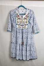 Boho Peasant Dress Womens M Blue White Embroidered Floral Pom Pom Trim Festival
