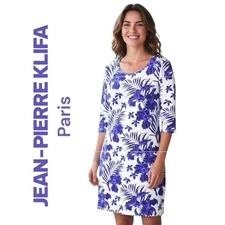 Jean Pierre Klifa Paris Dress Purple White Tropical Floral 3/4 Sleeve Pull On M