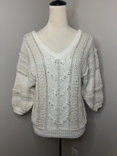 Vintage Beldoch Popper Women  s Ivory Embroidered VNeck Sweater Pearls Size Small