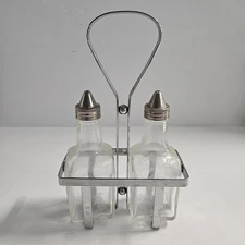 Glass Oil and Vinegar Salad Cruet Set with Metal Caddy vintage style
