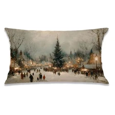 Vintage Pillow Covers 12x20 Double-Sided, Nostalgic Christmas Village Landscape