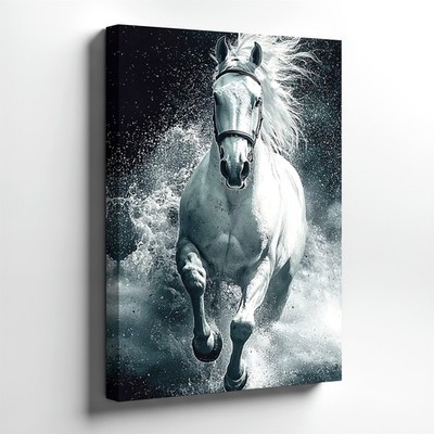 Wall Art White Horse Running Through Water Splash Minimalist Office Animal Decor