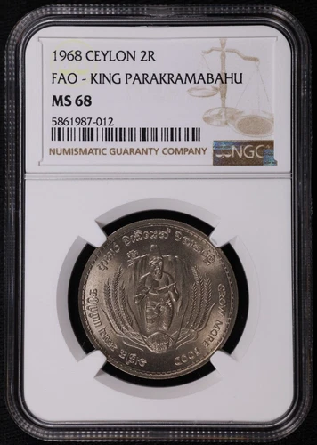 1968 Ceylon 2 Rupees FAO King Parakramabahu CuNi Copper-Nickel Coin NGC MS 68