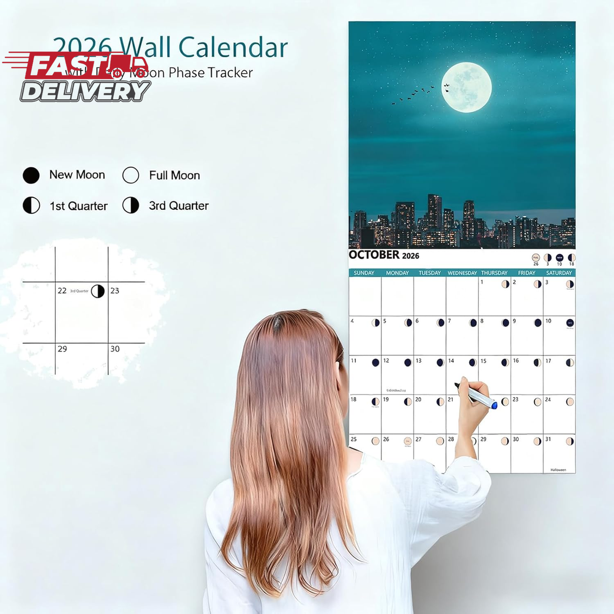 2026 Moon Wall Calendar, 13 Month Moon Phases Calendar, 12