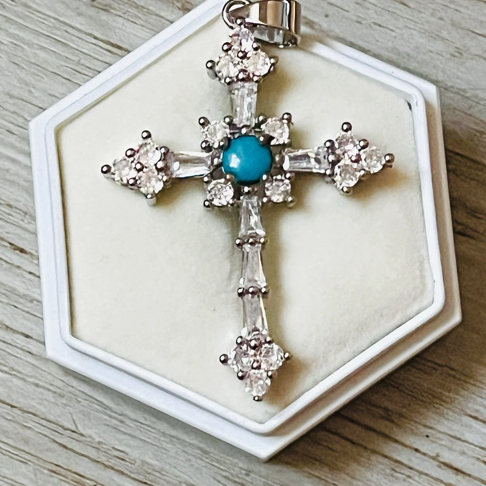 Handmade Turquoise Pendant Necklace 925sterling Silver Cross Deco Diamond Halo - Image 2 of 4