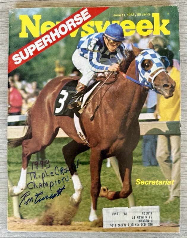 RON TURCOTTE HAND SIGNED 1973 NEWSWEEK SECRETARIAT INSCRIBED TRIPLE CROWN CHAMP