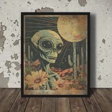 Vintage ALIEN DESERT SUN Wall Art, Cryptid Cactus Sunflower Western Sci-fi Decor