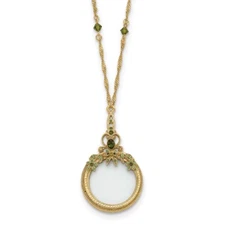 1928 Jewelry - Burnished Brass-tone Green Crystal Magnifying Glass 30 Necklace