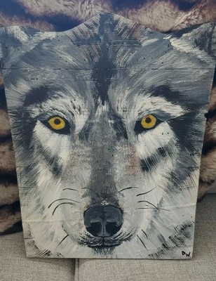 An Original Magnificently Hand Painting of a Majestic Wolf on a nice wood Plank.
