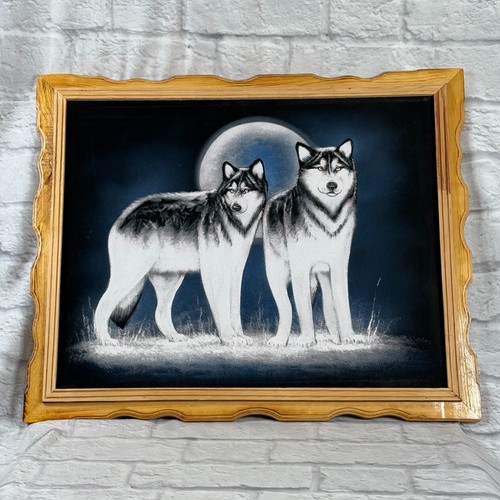 Lot Of 2 Vtg Black Velvet Wolf Paintings Framed Wolves Forrest Full Moon 22x18 - Picture 6 of 9