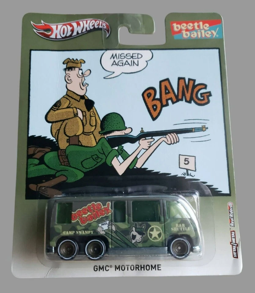 2013 Hot Wheels GMC MOTOHOME BEETLEY BAILEY Olive Green Pop Culture White LineRR - Изображение 3 из 4
