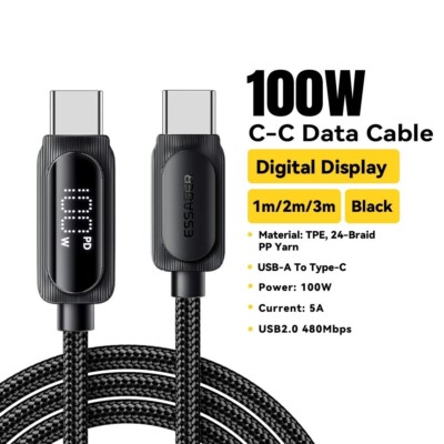 Ladekabel USB-C auf USB-C 100W Schnellladekabel mit Digitalanzeige  2m Schwarz