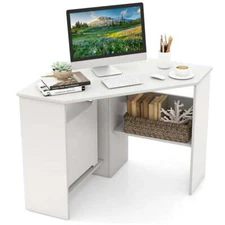 Corner Computer Gaming Desk Triangle Writing Workstation W/ Storage Shelf White