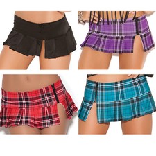 Pleated Mini Skirt Side Zipper Slit School Girl Costume Purple Blue Plaid 6223