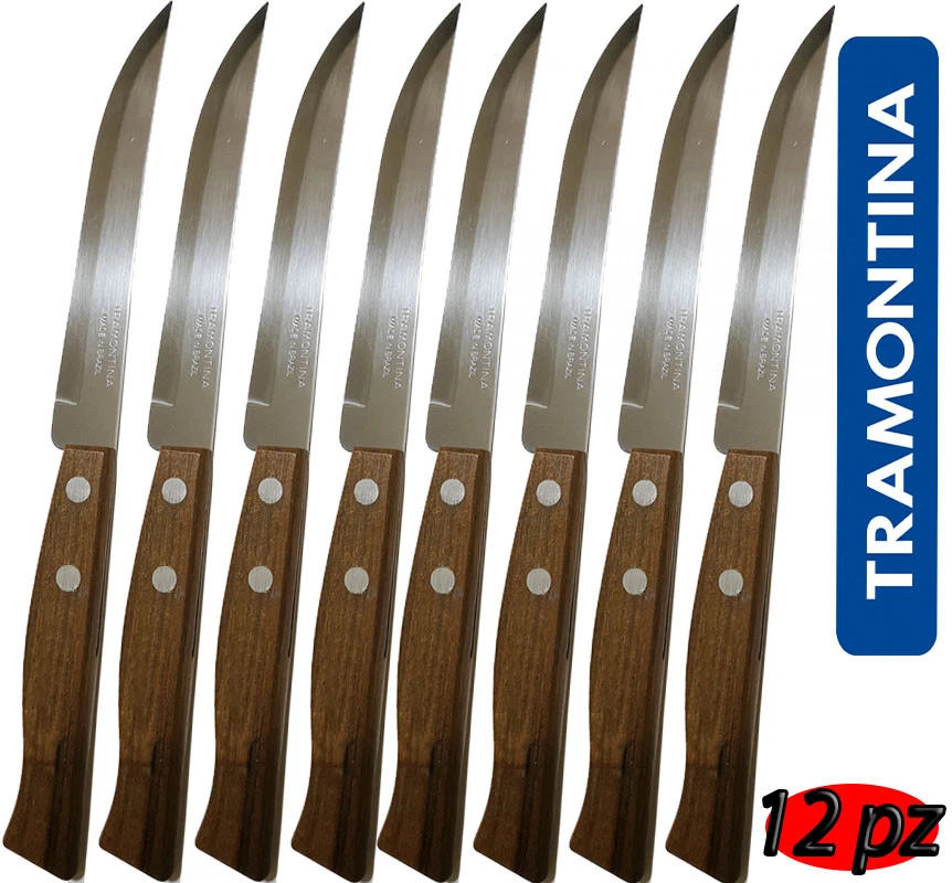 12 COLTELLI TRAMONTINA LAMA LISCIA SENZA SEGHETTATURA MANICO IN LEGNO NATURALE