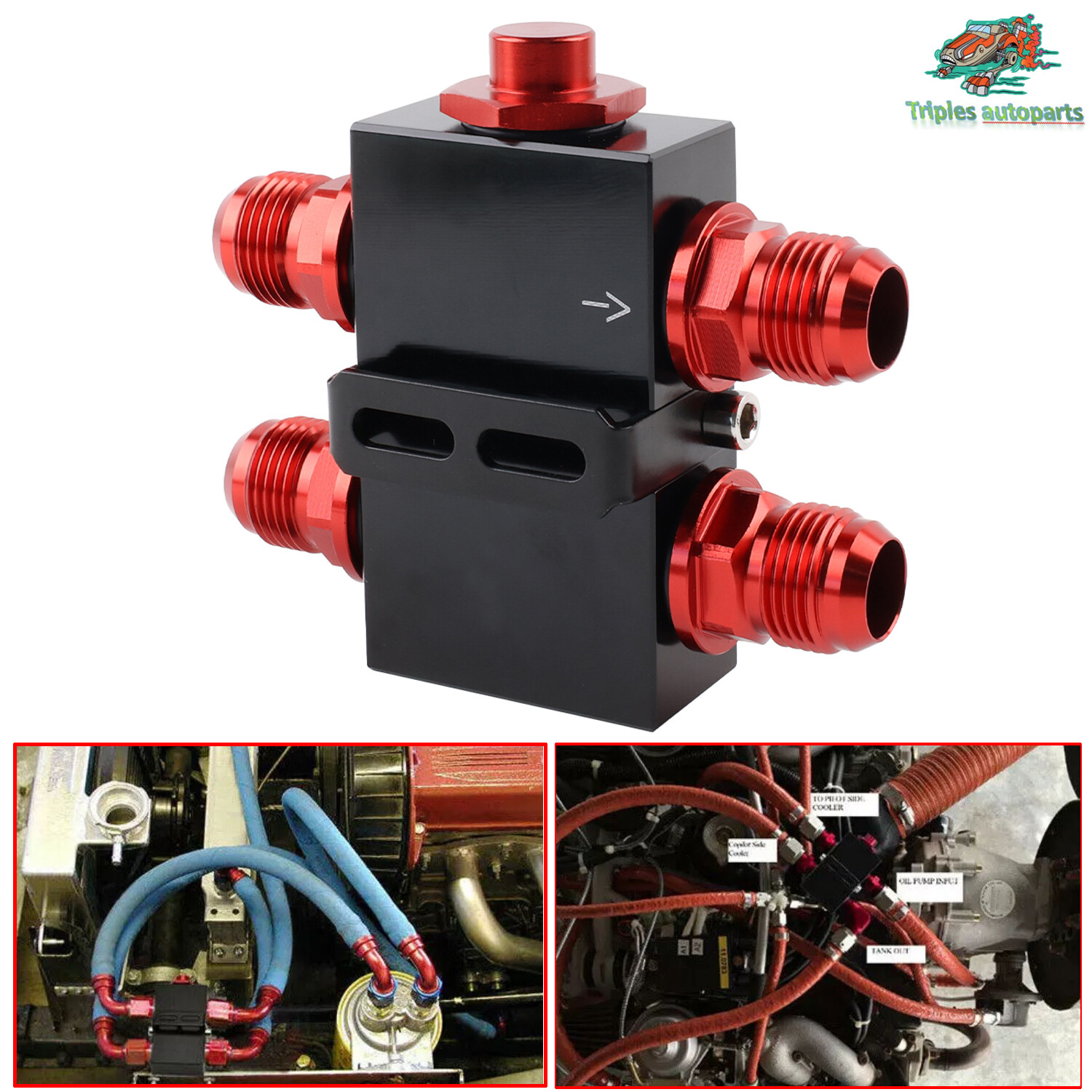 Filter Sandwich Plate Adaptor Billet W/ In-line Oil Thermostat Fitting An10