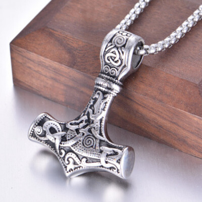 #ad DEZILOO Mens Norse Viking Thors Stainless Steel Hammer Mjolnir Pendant Necklace $11.17
