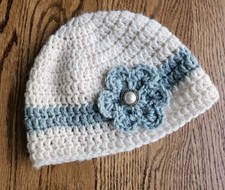 Adorable Ivory/Blue with Flower Handmade New Adult Crochet Knit Beanie Hat