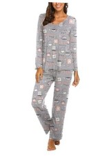 Womens Pajama Sets 2 Piece Lounge Set Fall Winter Large Gray Coffee Cups