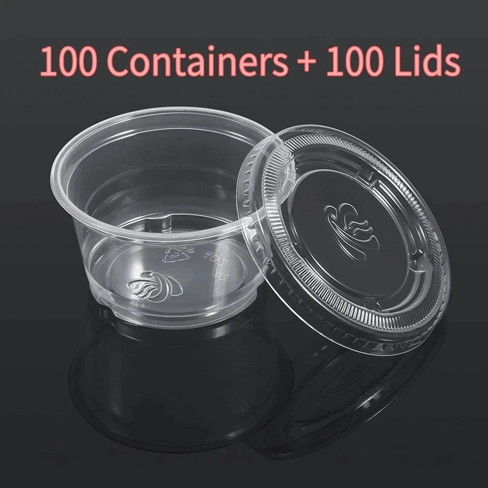 Paquete de 100 tazas de plástico transparente de 5,5 oz con tapas para salsa sin BPA Foto 3 de 4
