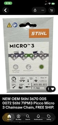 NEW OEM Stihl 3670 005 0072 Stihl 71PM3 Picco Micro 3 Chainsaw Chain, FREE SHIP.