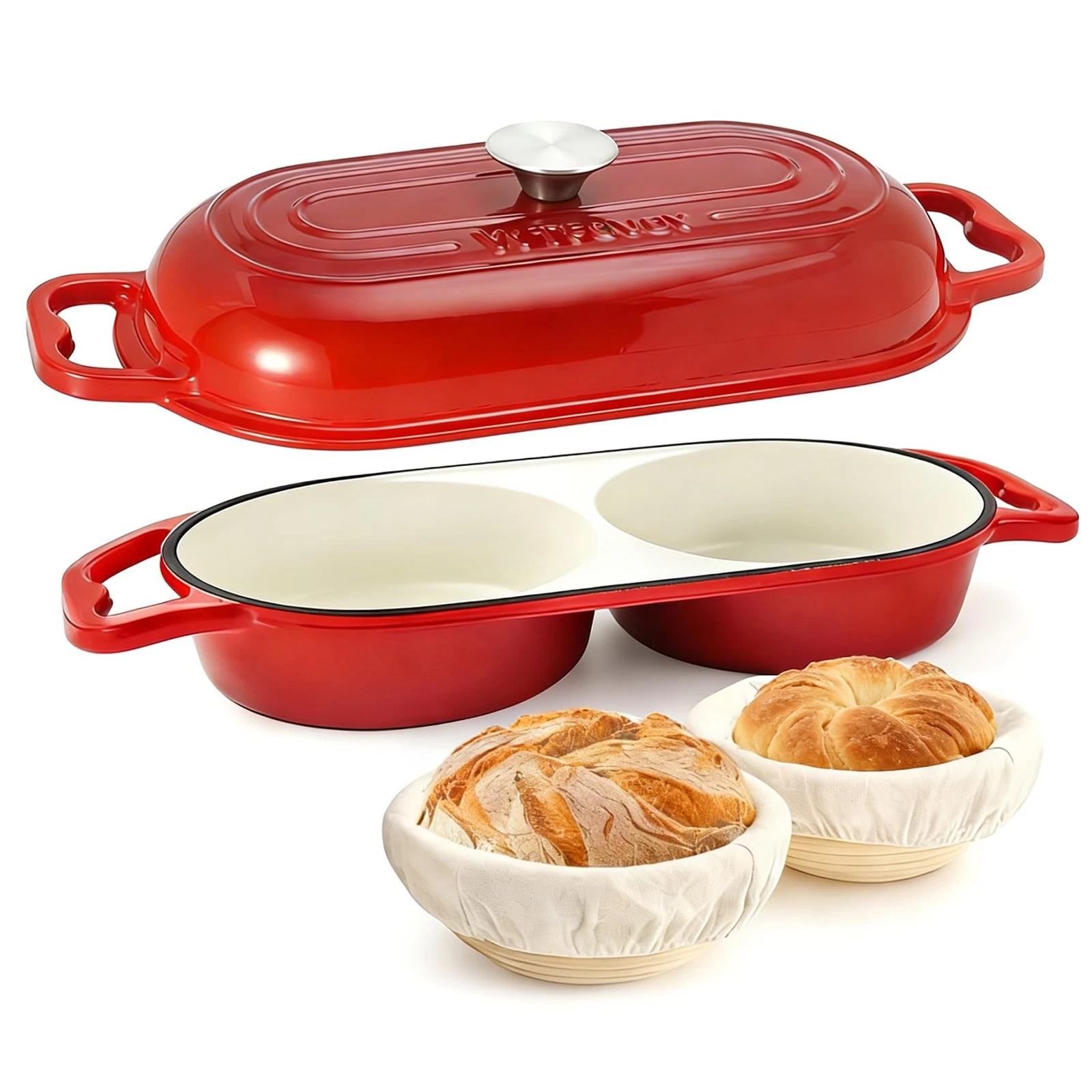 Double Dutch Oven for Sourdough Baking - 500°F Oven Safe, Includes 2 Banneton